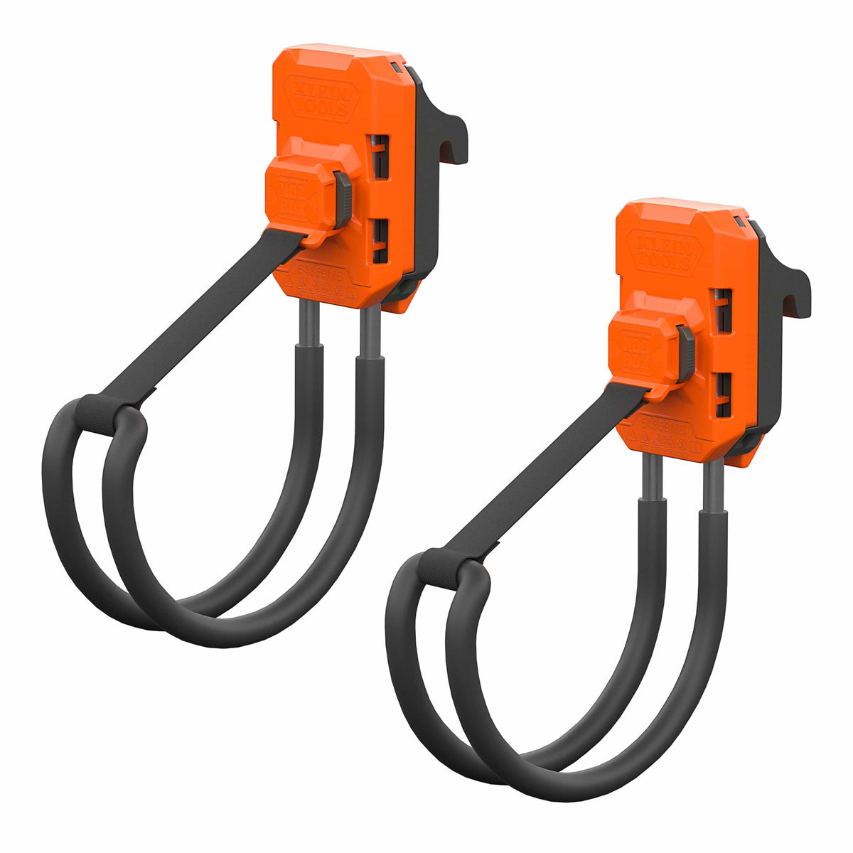 Two orange and black bicycle handlebar grips with attached black cables, shown on a plain white background.