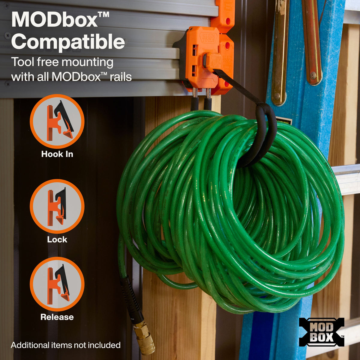 A coiled green garden hose hanging from an orange hook mounted on a metal ladder rail, with overlaid text explaining MODbox compatibility and feature icons for hook in, lock, and release.