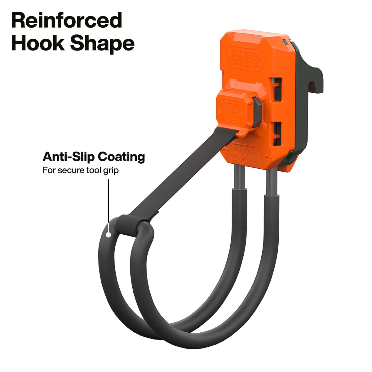 An orange and black U-shaped hook tool with text callouts reading 'Reinforced Hook Shape' and 'Anti-Slip Coating For secure tool grip' on a white background.