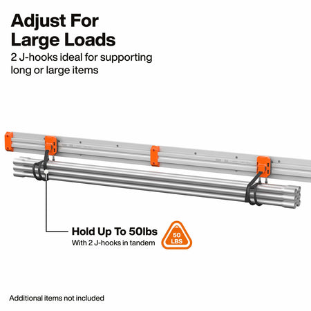 Two silver metal J-hooks with bright orange quick-release clips, shown holding a bundle of long silver rods. The image includes text reading 'Adjust For Large Loads', '2 J-hooks ideal for supporting long or large items', 'Hold Up To 50lbs With 2 J-hooks in tandem', and a small orange '50 LBS' badge.