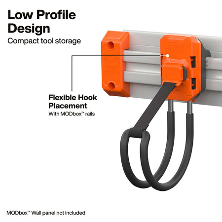 Klein Tools MODbox rail mount with strap and black rubber-coated loop hook on gray rail, callouts Low Profile Design, Flexible Hook Placement