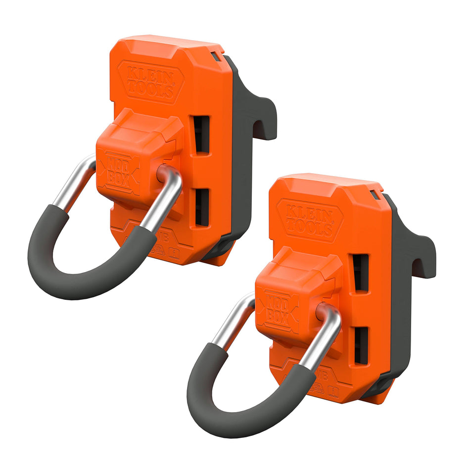 Two orange and black wall-mounted hook-and-loop tool hooks with silver metal D-rings and gray rubber loops, shown on a plain white background.