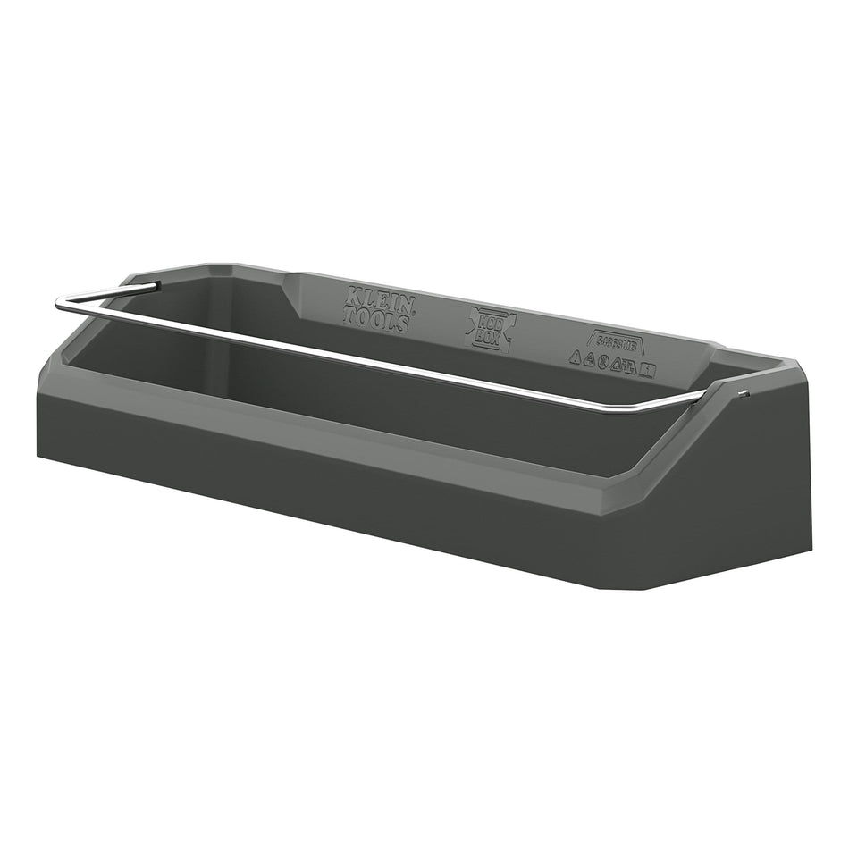 A dark gray plastic wall-mounted tool tray with a metal mounting bracket on top, shown against a plain white background.