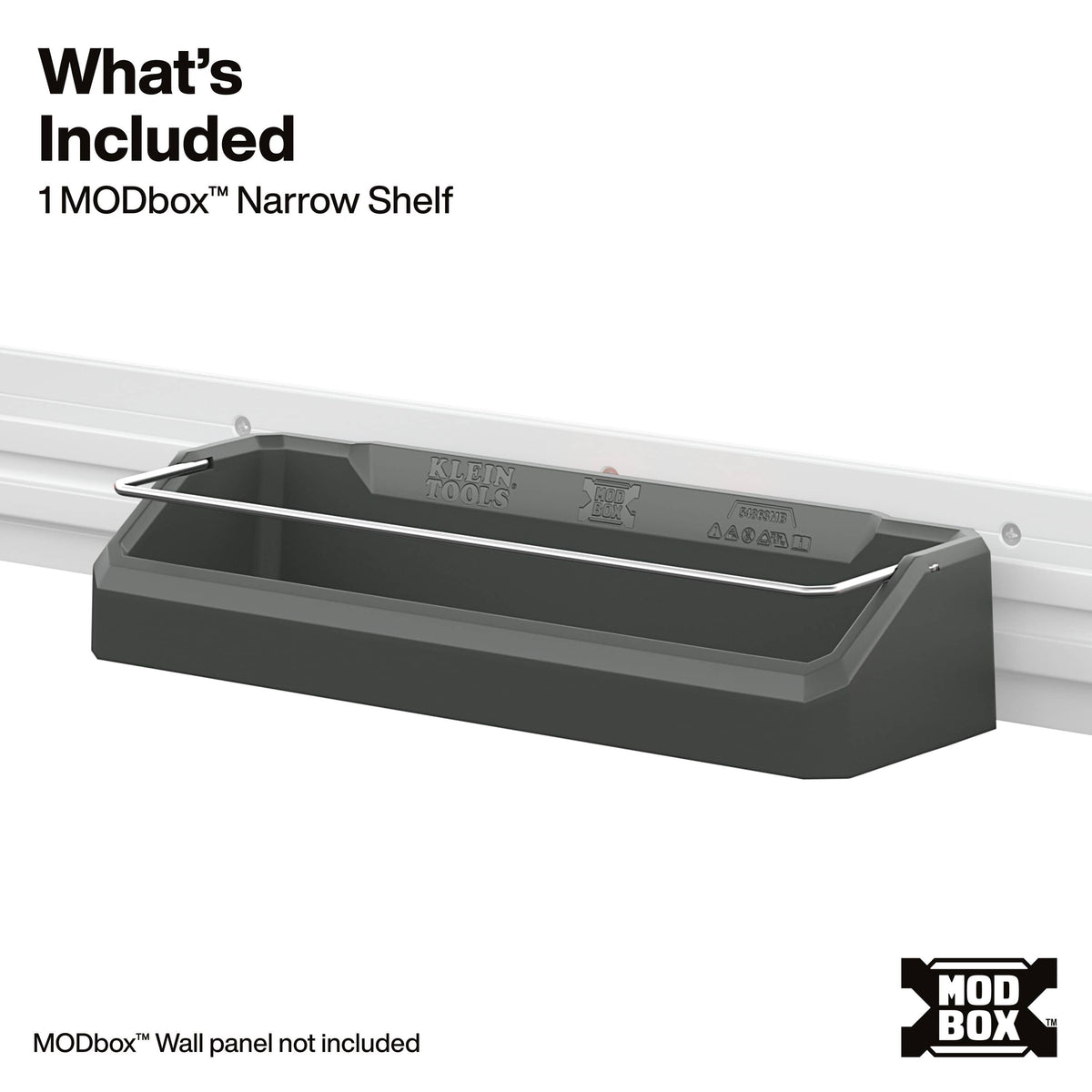 A dark gray narrow shelf mounted on a white rail, with text reading 'What's Included: 1 MODbox Narrow Shelf' and a MODbox logo in the corner.