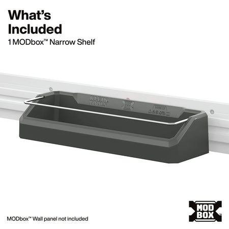 A dark gray narrow shelf mounted on a white rail, with text reading 'What's Included: 1 MODbox Narrow Shelf' and a MODbox logo in the corner.