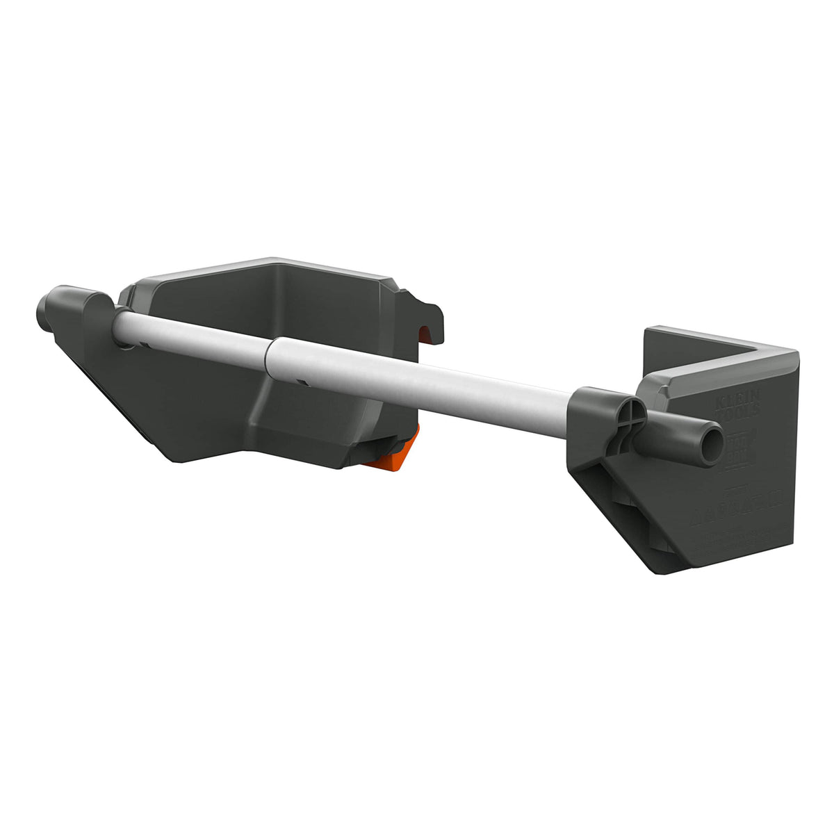 A dark gray plastic wall-mounted pipe hanger or support bracket with a white horizontal pipe segment and a small orange accent tab, shown on a plain white background.