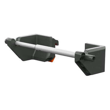 A dark gray plastic wall-mounted pipe hanger or support bracket with a white horizontal pipe segment and a small orange accent tab, shown on a plain white background.
