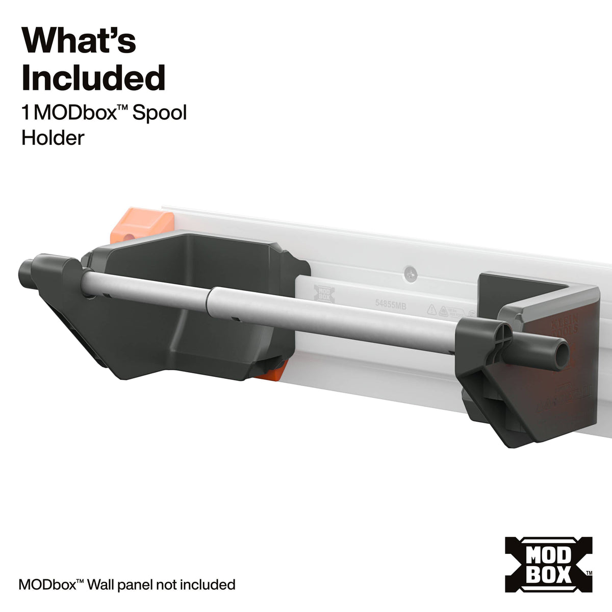 A product render of a black spool holder mounted on a white wall panel, with text stating 'What's Included: 1 MODbox Spool Holder' and a MODbox logo.