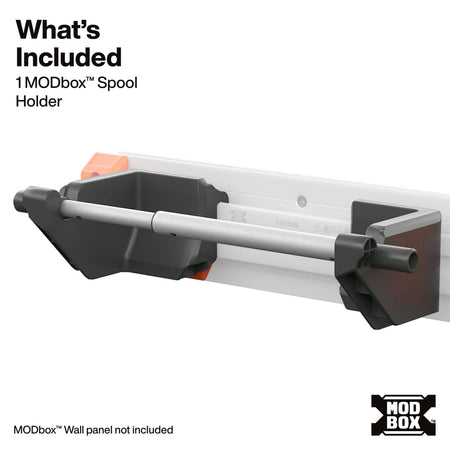 A product render of a black spool holder mounted on a white wall panel, with text stating 'What's Included: 1 MODbox Spool Holder' and a MODbox logo.