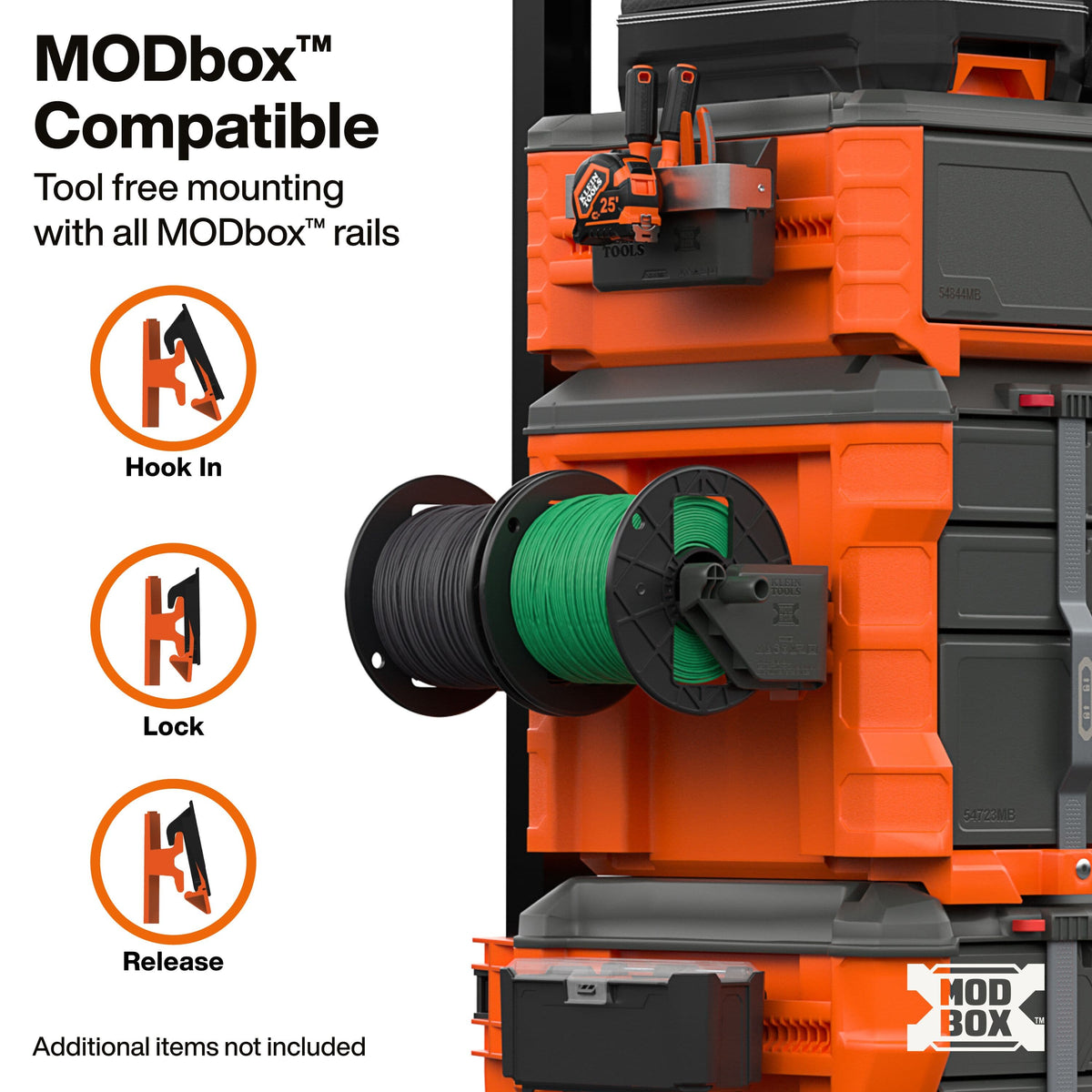 An orange and black MODbox modular storage system with a green cable spool mounted on a rail, alongside text explaining tool-free mounting with all MODbox rails and icon diagrams for hook in, lock, and release.