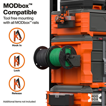An orange and black MODbox modular storage system with a green cable spool mounted on a rail, alongside text explaining tool-free mounting with all MODbox rails and icon diagrams for hook in, lock, and release.