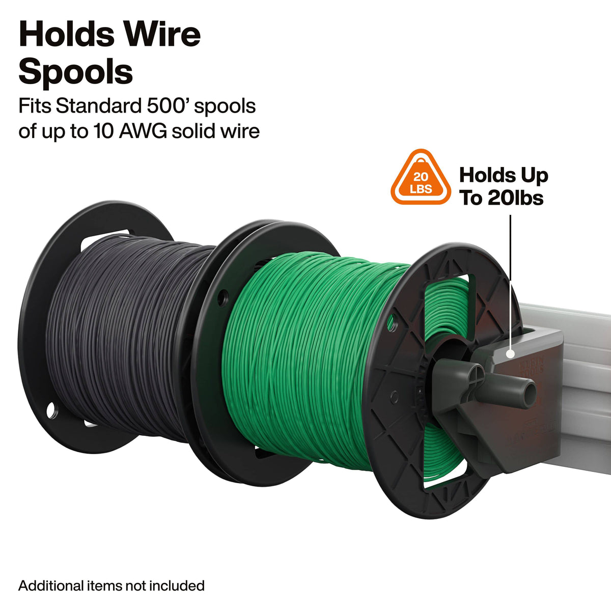 A pair of wire spool holders shown on a white background, one holding a black spool and the other holding a green spool. Text on the image states it holds wire spools, fits standard 500' spools of up to 10 AWG solid wire, and holds up to 20lbs.