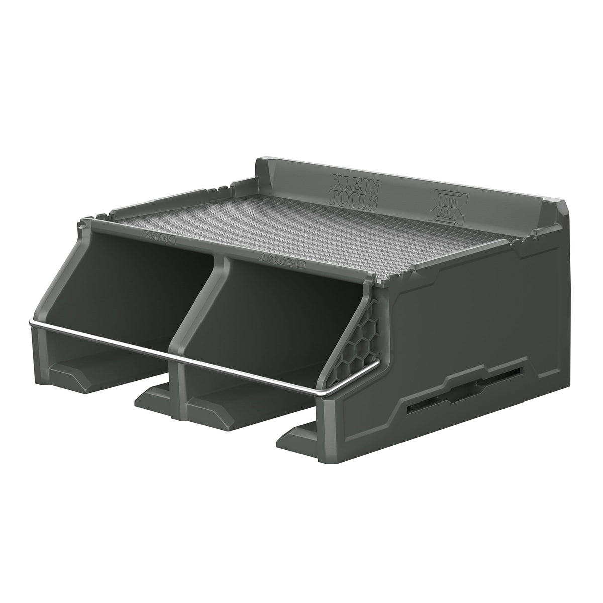 A dark gray plastic dual-compartment storage bin with a slotted top tray, shown on a plain white background.