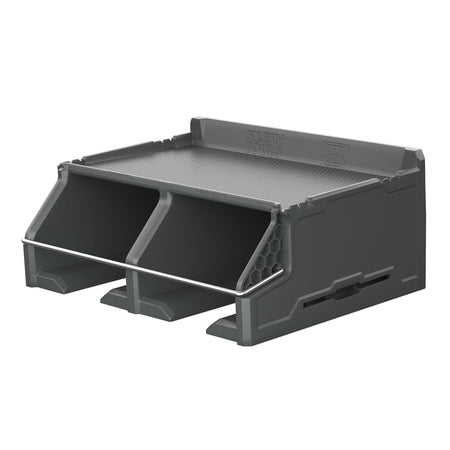 A dark gray plastic dual-compartment storage bin with a slotted top tray, shown on a plain white background.