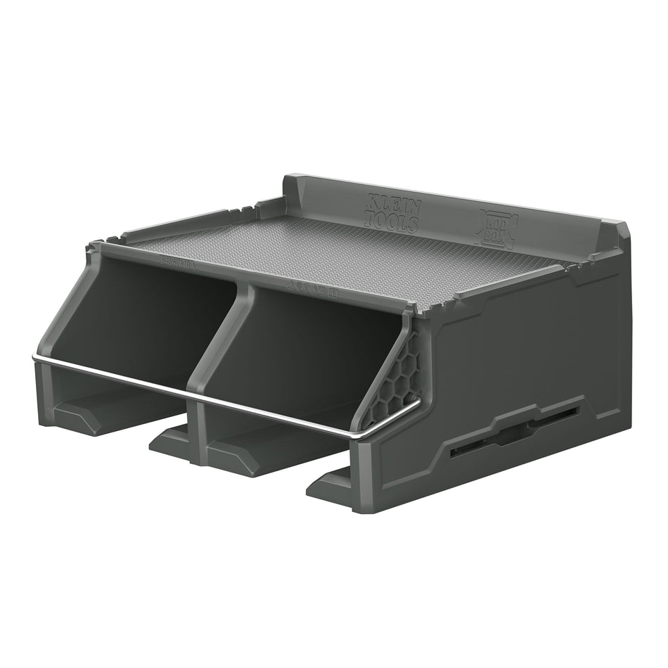 A dark gray plastic dual-compartment storage bin with a slotted top tray, shown on a plain white background.