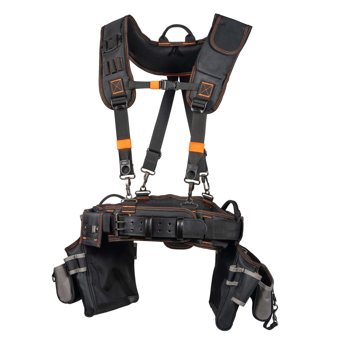 Black safety harness with multiple pockets and straps on a white background