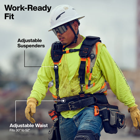 Person wearing a safety harness with adjustable suspenders and waist, on a blurred background.