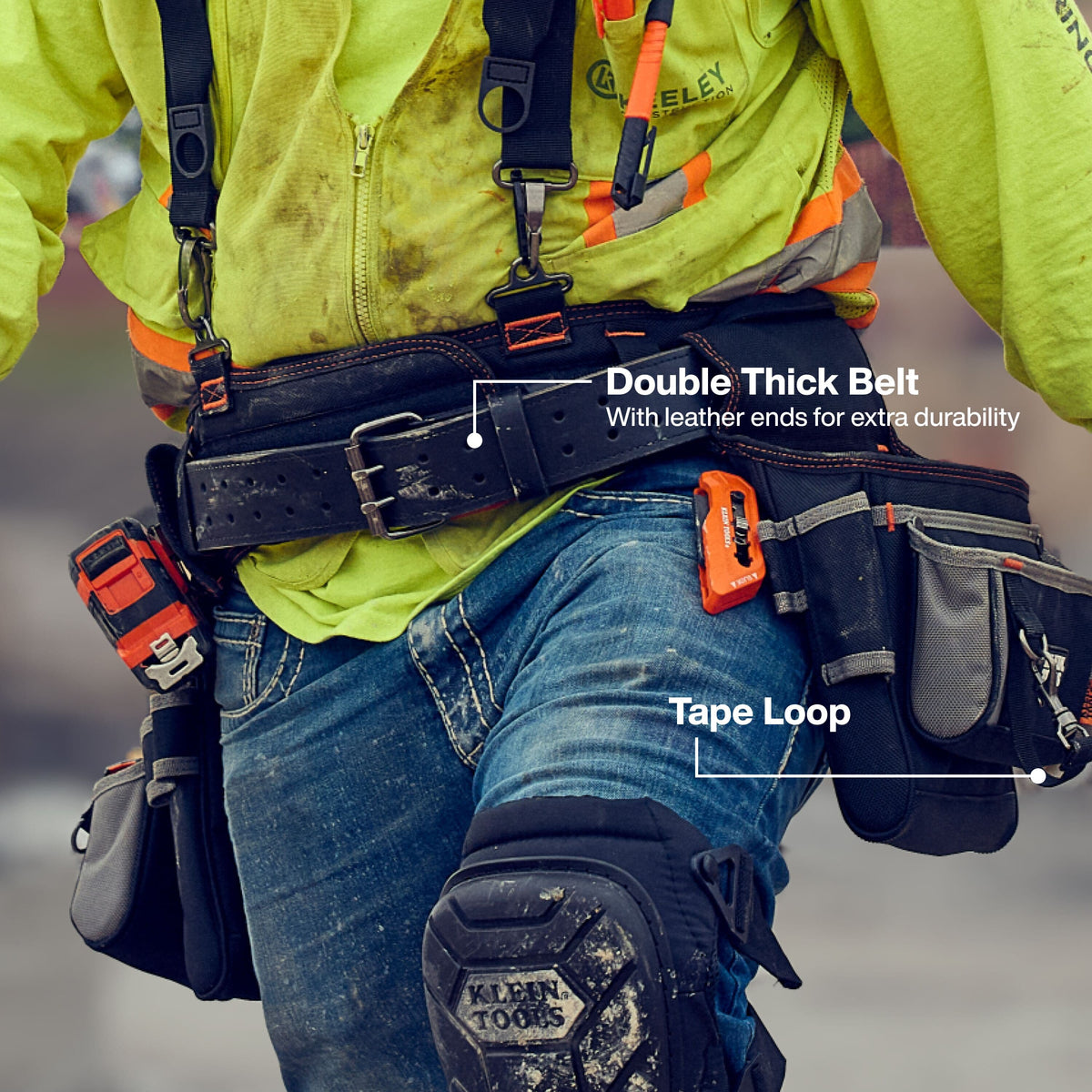 Person wearing a tool belt with various tools and equipment, highlighting features like a double thick belt and tape loop.