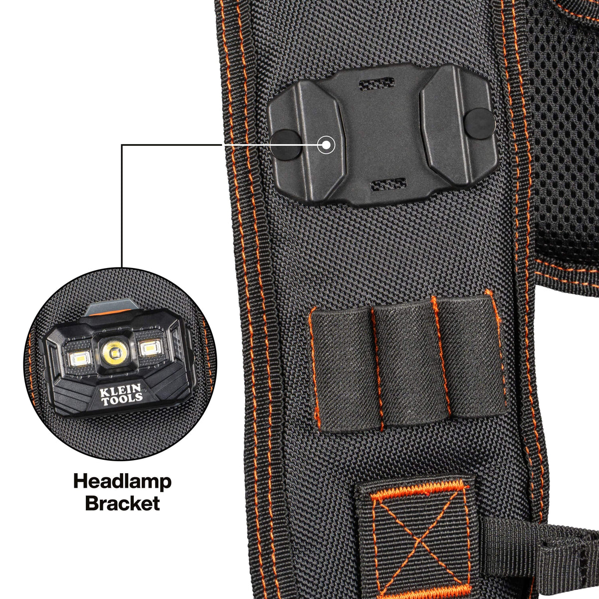 Black tool belt with headlamp bracket attachment and Klein Tools headlamp inset.