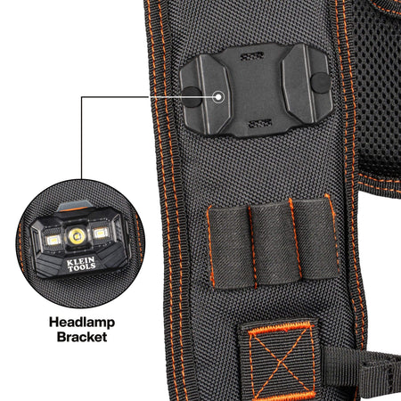 Black tool belt with headlamp bracket attachment and Klein Tools headlamp inset.