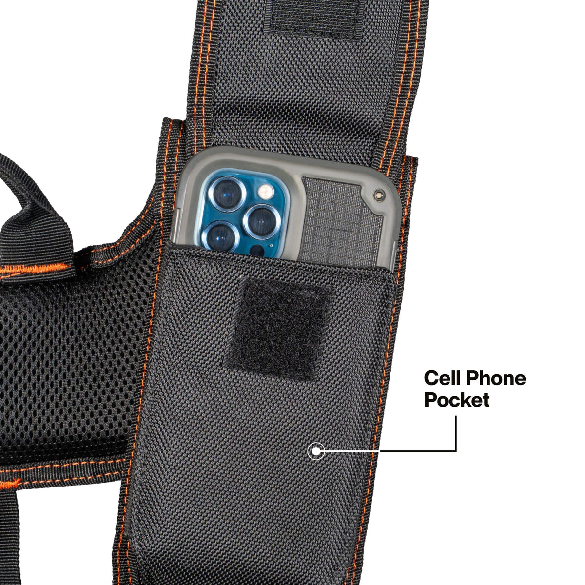 Black tactical vest with a cell phone pocket containing a smartphone.