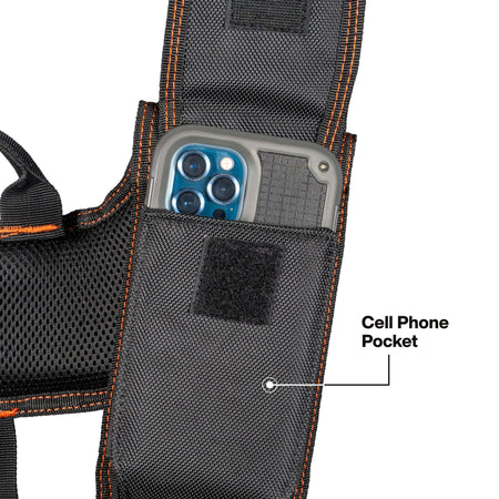 Black tactical vest with a cell phone pocket containing a smartphone.