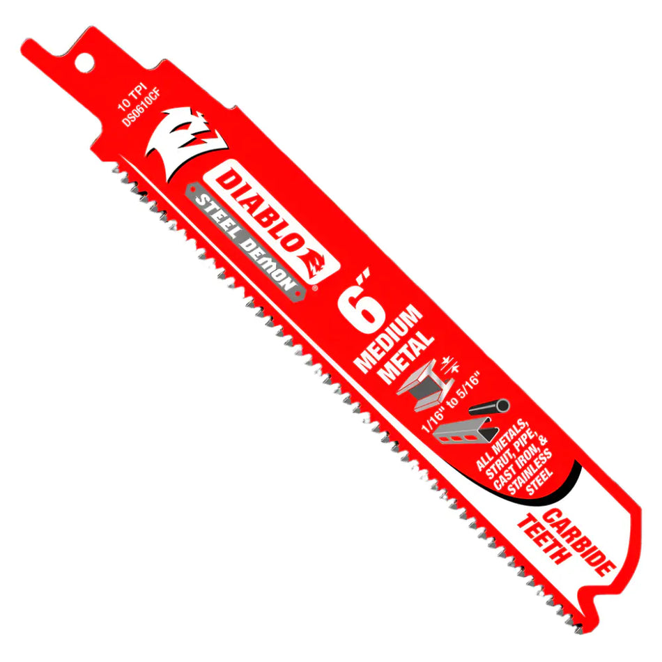This is a bright red Diablo Steel Demon reciprocating saw blade, six inches long. The blade features carbide teeth and white text indicating it's designed for cutting medium metal from 1/16" to 5/16" thickness, including various types of steel.