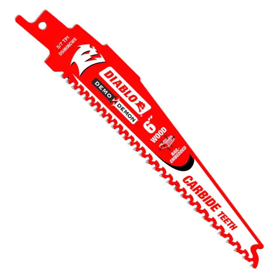 Diablo 6" Carbide Recip Blades for Nail-Embedded Wood. This is a bright red Diablo Demo Demon reciprocating saw blade, six inches in length. The blade has prominent carbide teeth and white text indicating it is designed for cutting wood with embedded nails.