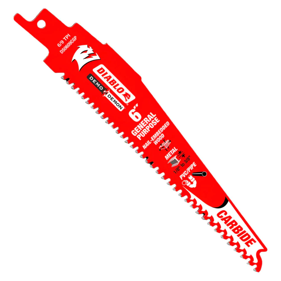 This is a bright red Diablo Demo Demon reciprocating saw blade, six inches in length. The blade has teeth with varying sizes and spacing, and white text indicates it's for general purpose, nail-embedded wood, metal, and PVC/pipe cutting, featuring carbide teeth.