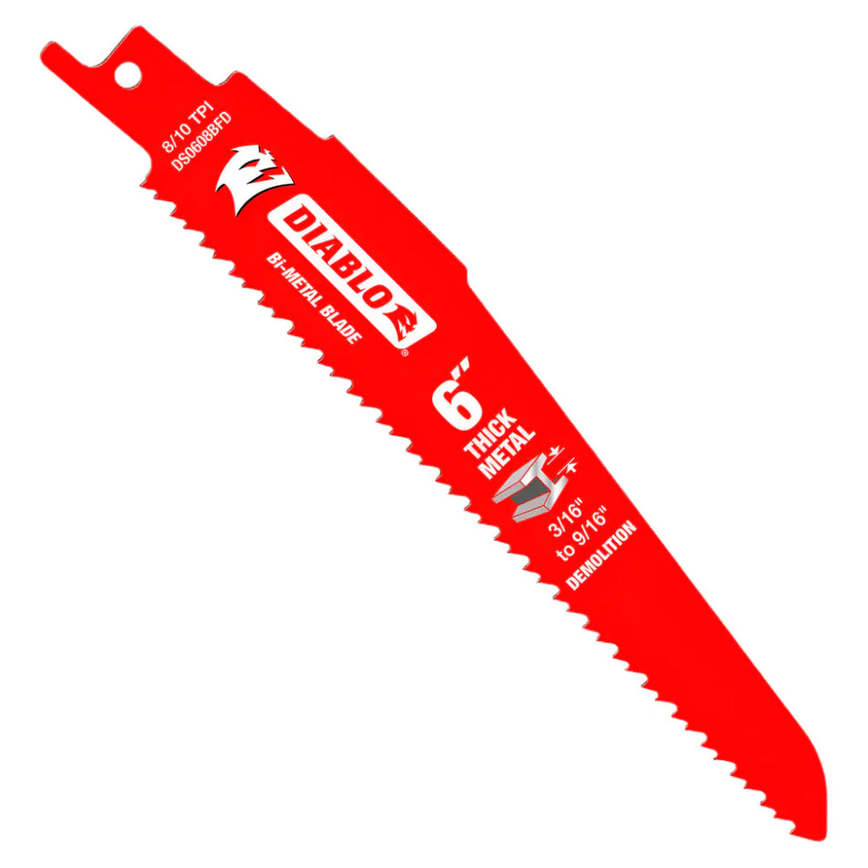 This is a 6-inch Diablo bi-metal reciprocating saw blade, vibrantly red with sharp, pointed teeth along its cutting edge. The blade is clearly labeled "DIABLO" and "THICK METAL DEMOLITION," indicating its robust design for heavy-duty cutting.