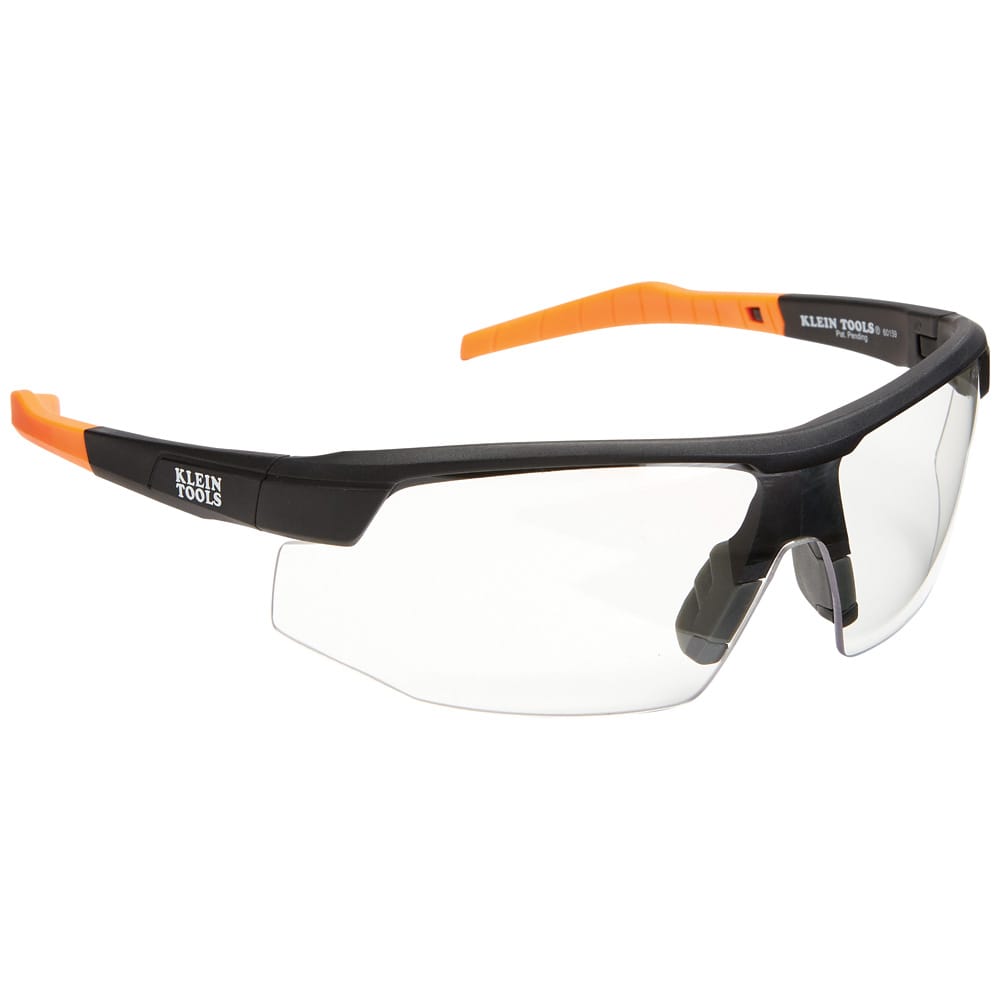 Sunglasses with black frame and orange accents on a white background