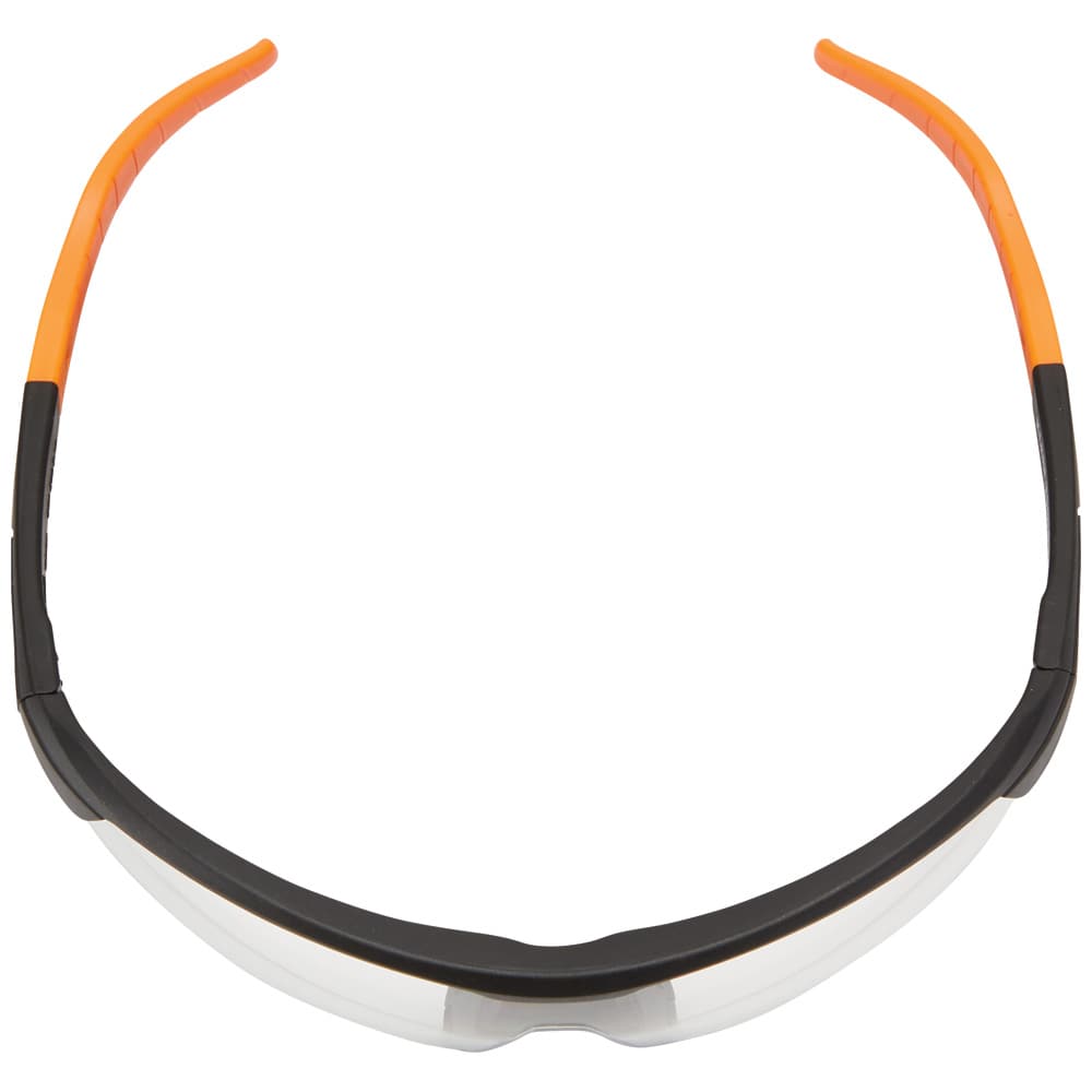 Safety goggles with orange and black frame on a white background