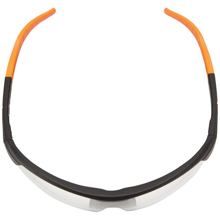 Safety goggles with orange and black frame on a white background