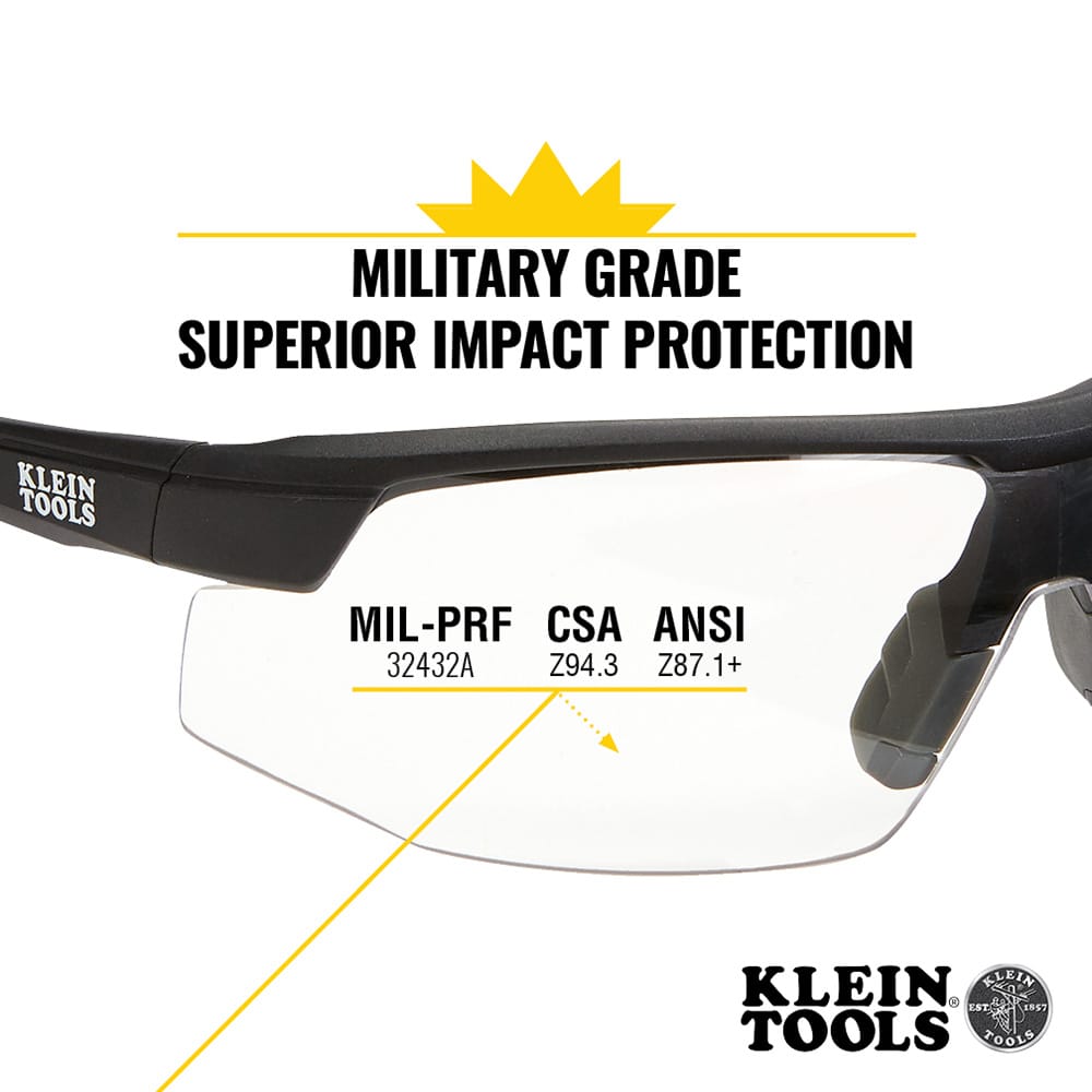 Klein Tools safety glasses with certification text on a white background