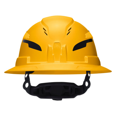 A bright yellow hard hat with a black chin strap, shown from the front on a plain white background.