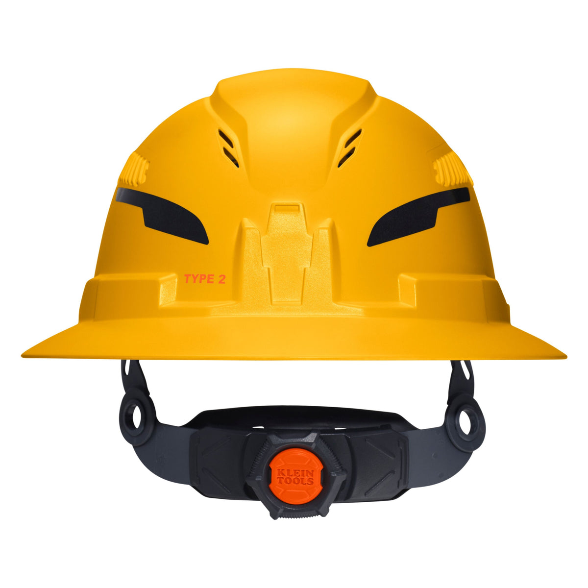 A yellow hard hat with a black chin strap and an orange dial, shown against a plain white background. The hard hat has molded ventilation slots and the text 'TYPE 2' printed on the side.