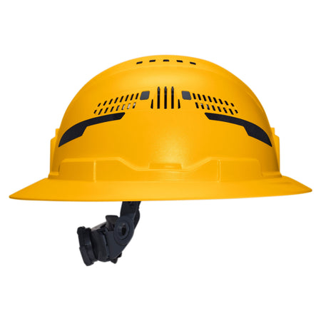 A bright yellow hard hat with black ventilation slots and a black chin strap, shown from a side profile on a solid white background.