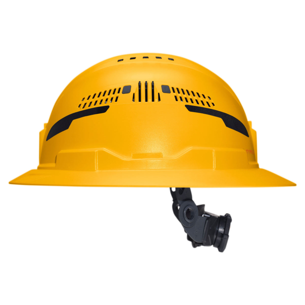 A bright yellow hard hat with black ventilation slots and a black chin strap, shown from a side profile on a solid white background.