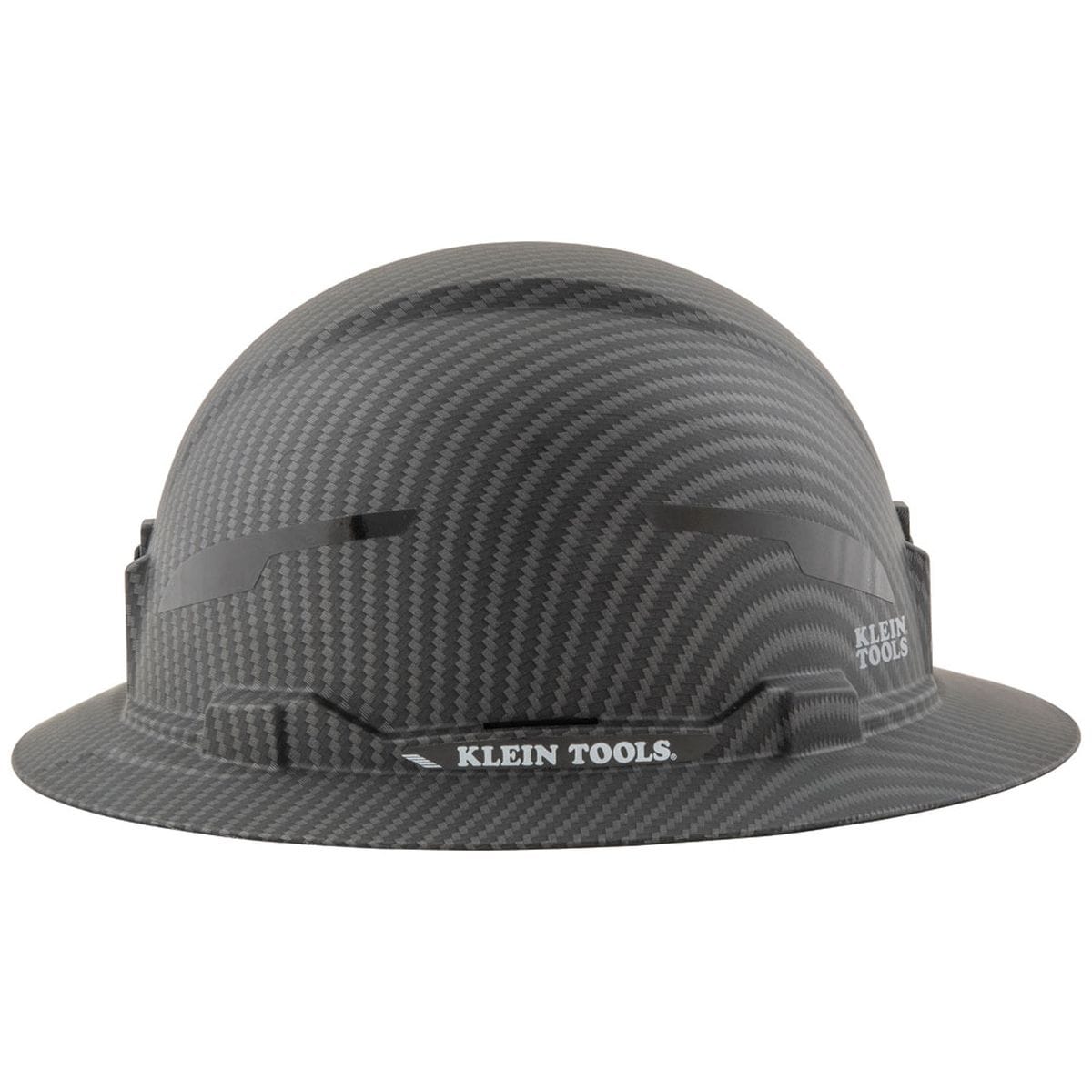 A rear-profile view of the premium KARBN™ pattern hard hat illustrating the full brim coverage and the ergonomic ratchet adjustment knob that allows for easy, one-handed sizing even while wearing work gloves.