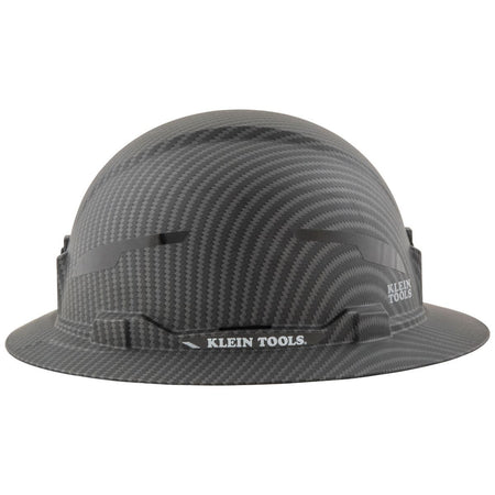 A rear-profile view of the premium KARBN™ pattern hard hat illustrating the full brim coverage and the ergonomic ratchet adjustment knob that allows for easy, one-handed sizing even while wearing work gloves.