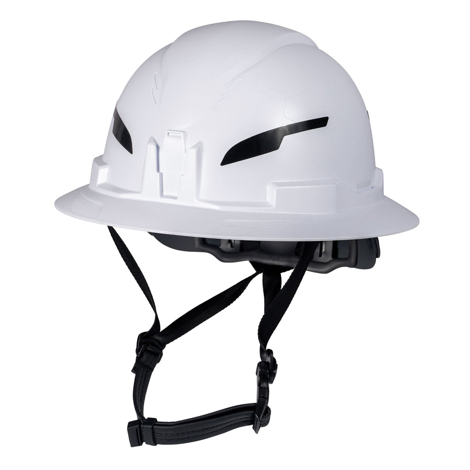 A white hard hat with black chin straps and black ventilation-style cutouts, shown on a plain white background.