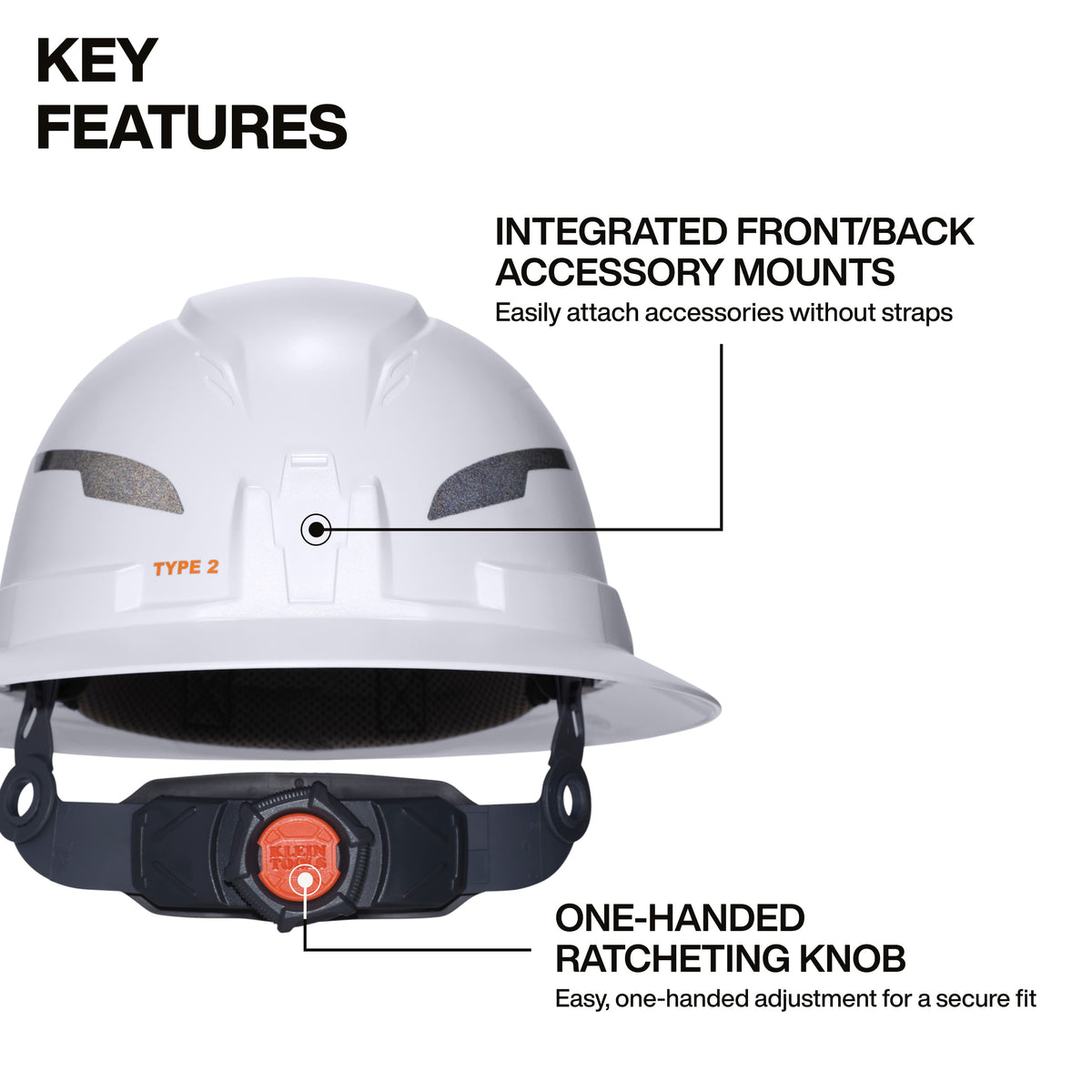 White hard hat with key features highlighted on a white background