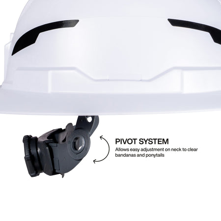 White helmet with a pivot system for easy adjustment on neck, on a white background.