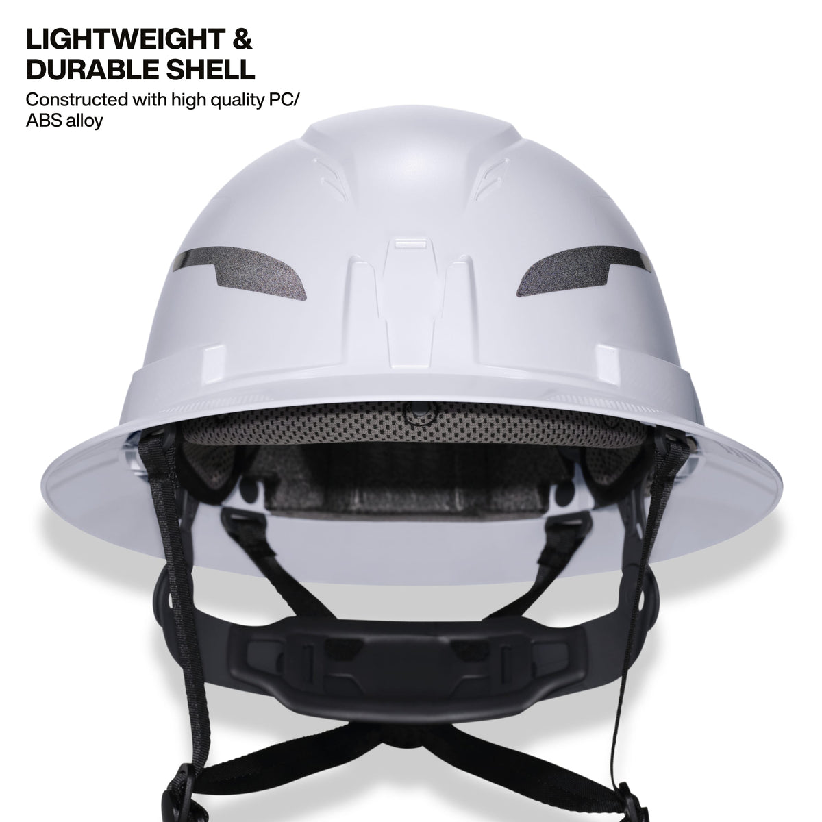 A white hard hat with a black chin strap and black ventilation grilles, shown against a white background with promotional text in the upper left corner.