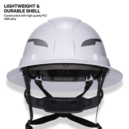 A white hard hat with a black chin strap and black ventilation grilles, shown against a white background with promotional text in the upper left corner.