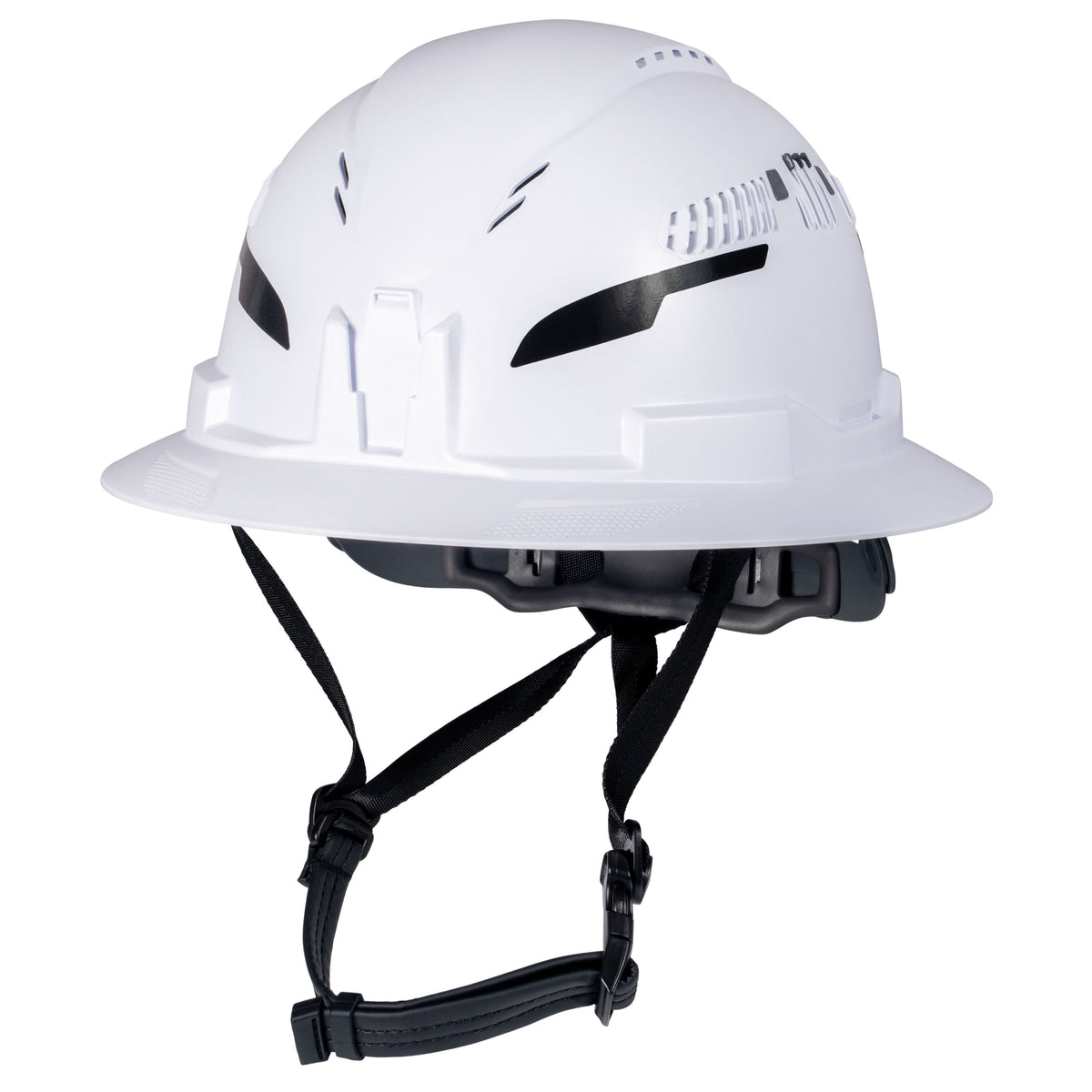 White hard hat with black accents on a white background