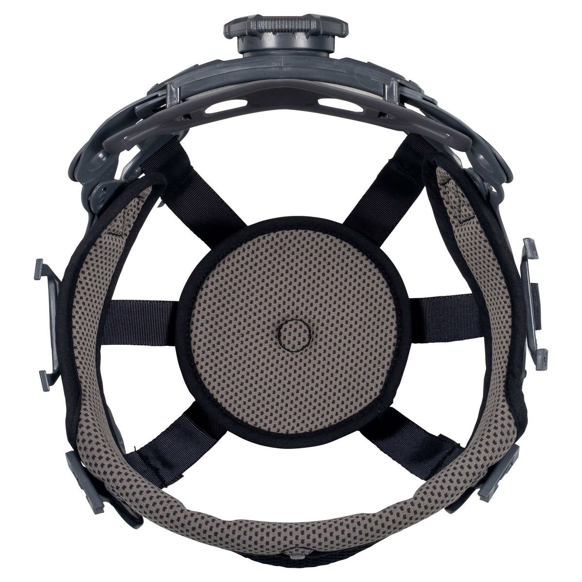 A tactical helmet headband and interior padding system, featuring a black plastic top mount with a dial, black adjustable straps, and a breathable gray mesh inner liner.