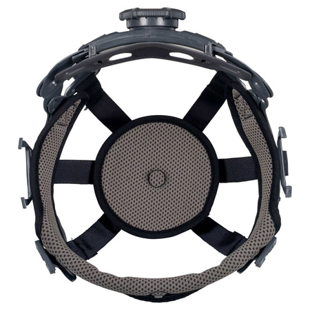 A tactical helmet headband and interior padding system, featuring a black plastic top mount with a dial, black adjustable straps, and a breathable gray mesh inner liner.