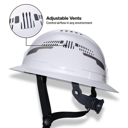 White hard hat with black adjustable chin strap and an inset callout showing adjustable vents, on a light gray background.