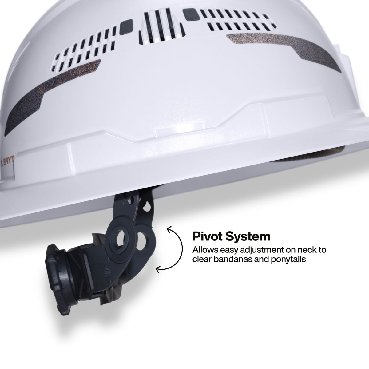 White hard hat with a black adjustable chin strap and text callout explaining the pivot system.